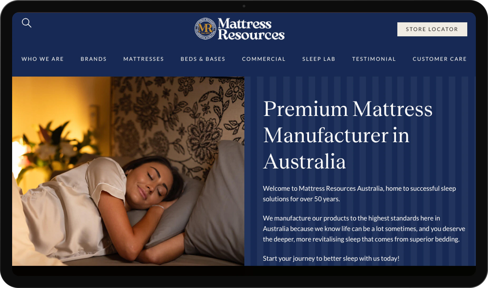 Mattress Resources website homepage shown on a tablet
