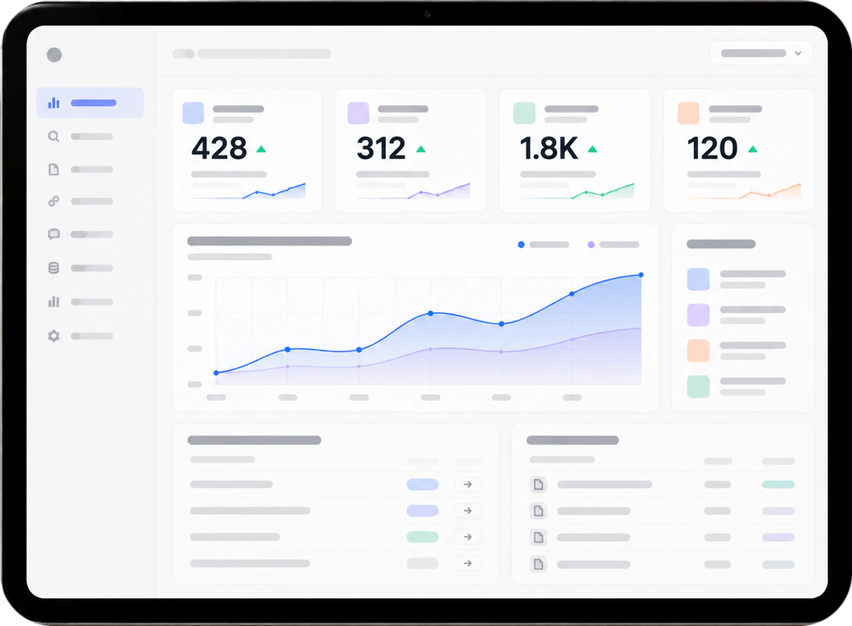 Tablet showing an AI search visibility dashboard with trend charts and tracked pages
